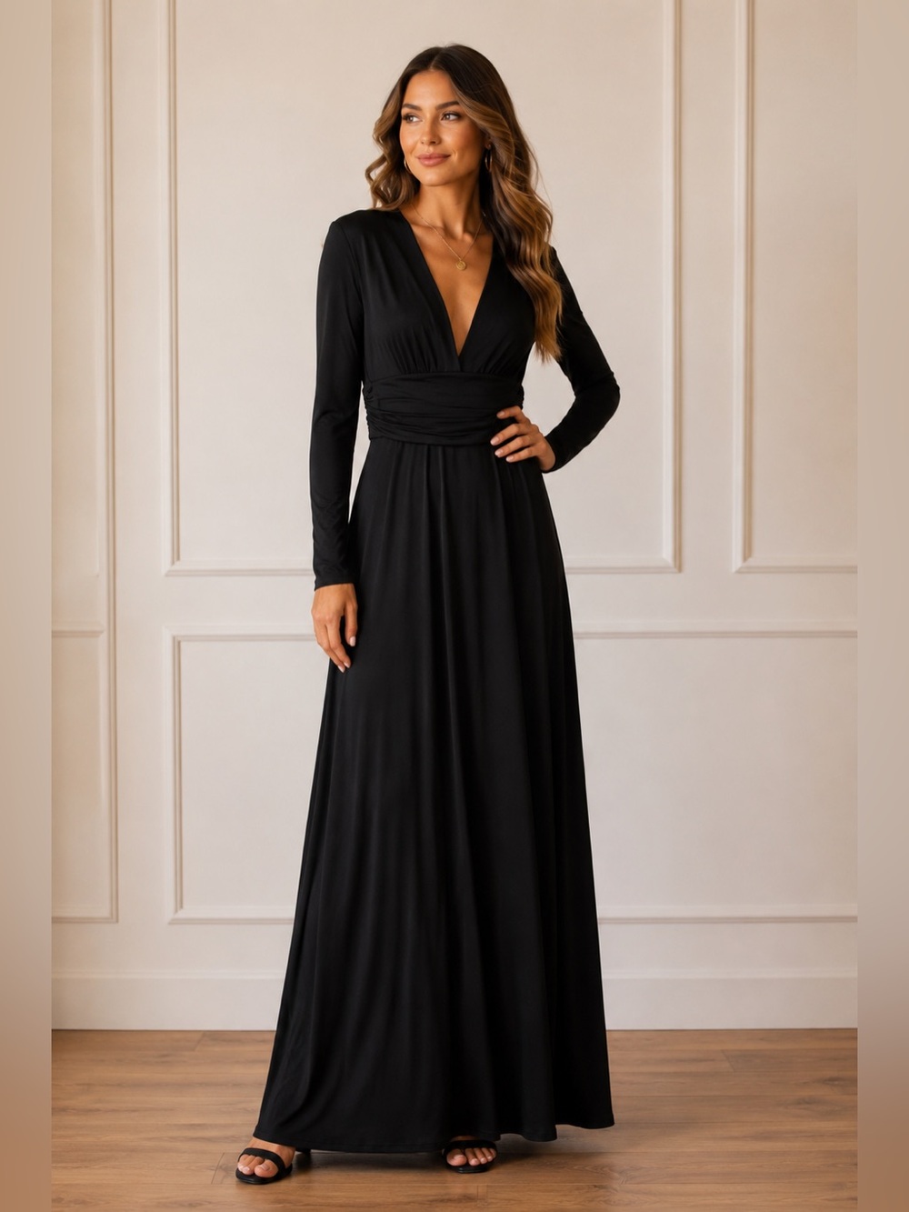 NWT Baltic Born Arianna Maxi Dress Black Long Sleeve Formal Gown Large